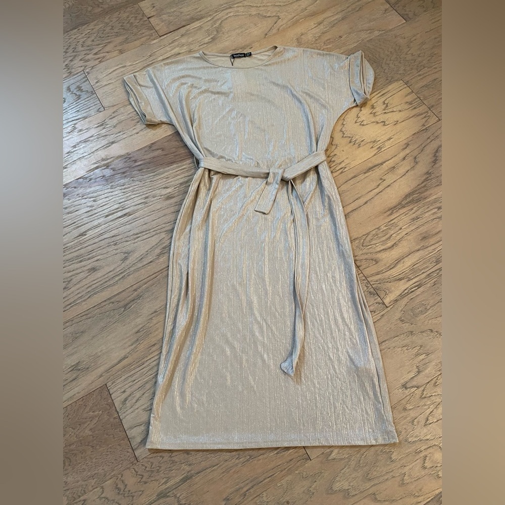 Boohoo Metallic Rib Tie Midi Dress NWT